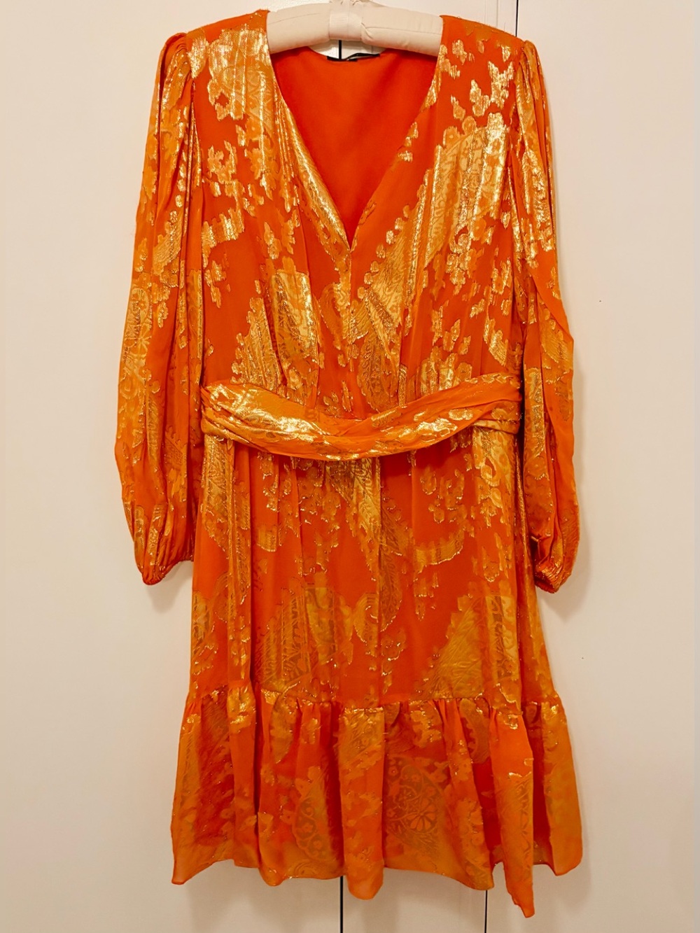 Kobi Halperin Orange Metallic Print Long Sleeve Silk Blend Mini Dress